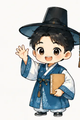 Painless TOPIK mascot: boy in hanbok waving hello