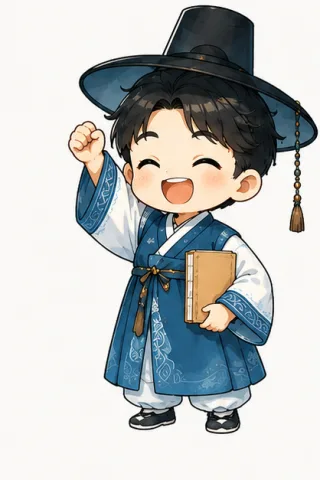 Painless TOPIK mascots: boy and girl in hanbok cheering