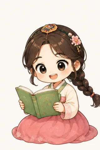 Painless TOPIK mascot: girl in hanbok reading a book