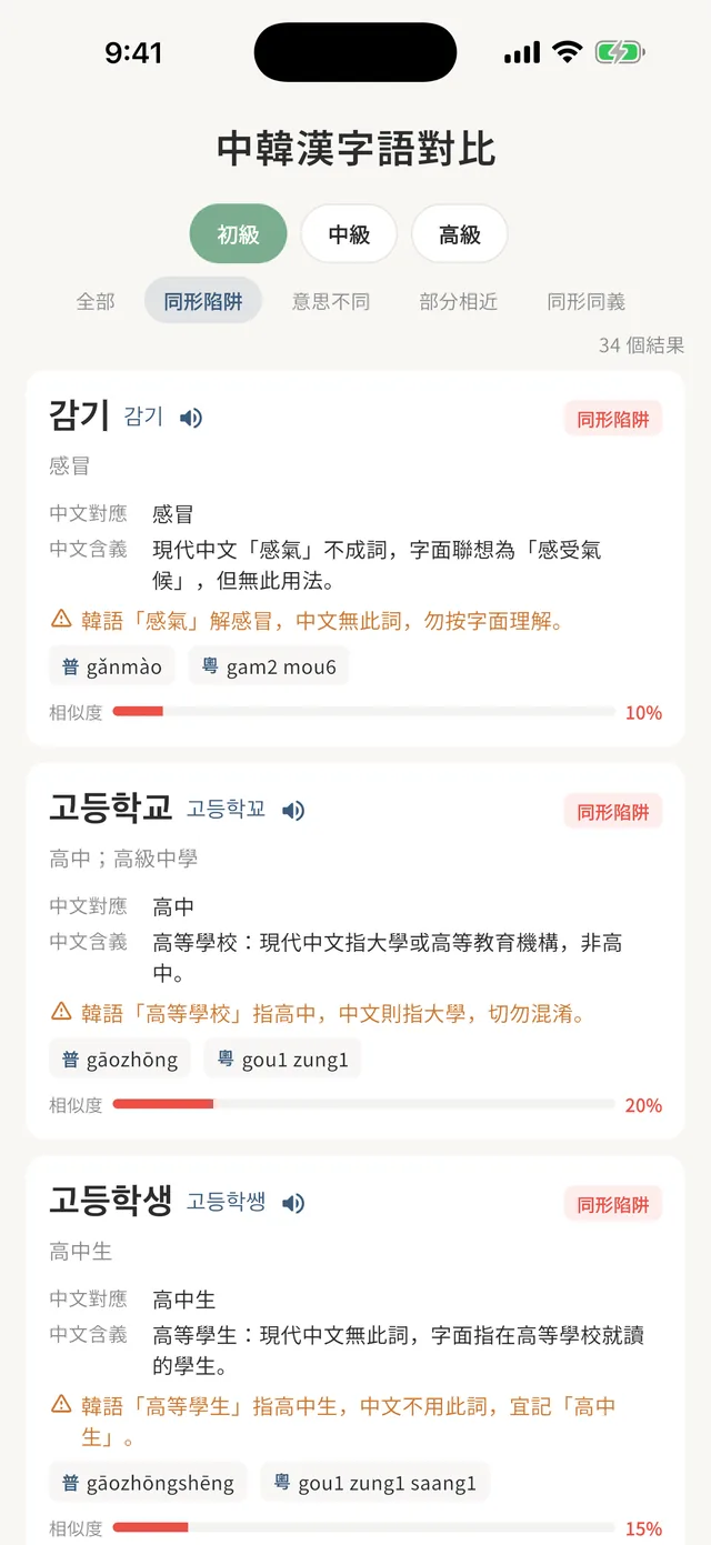 Painless TOPIK app Sino-Korean word comparison screen